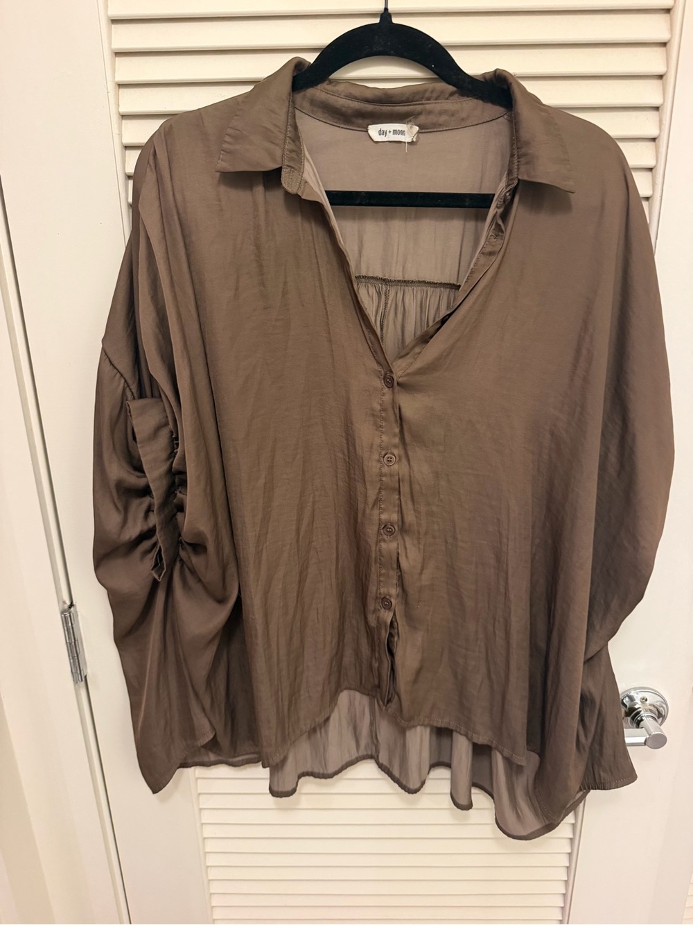 Day and Moon Brown Button Down Blouse with Ruched Sleeves